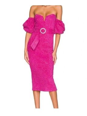 MAJORELLE Hot Pink Textured Midi Dress with Decorative Ring